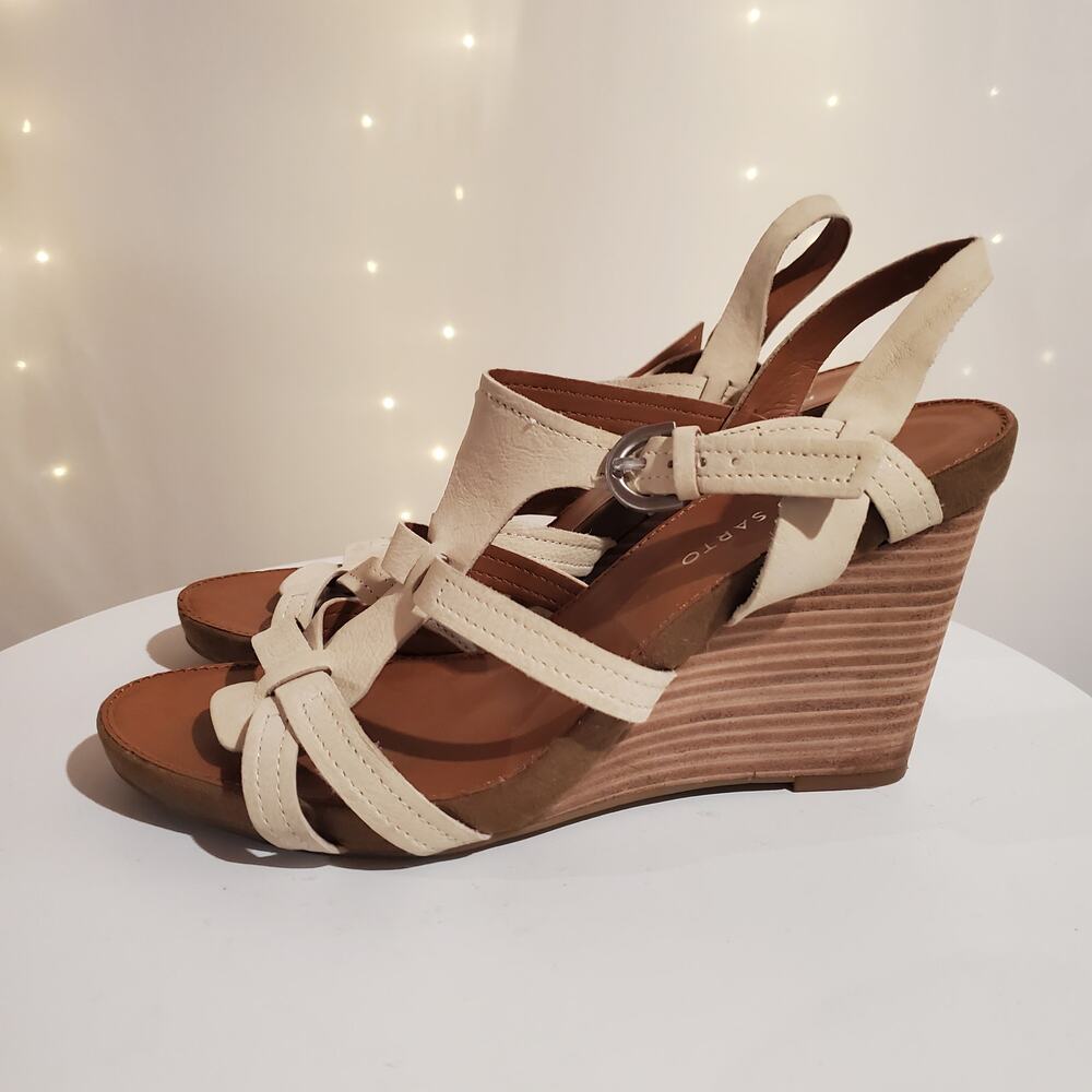 Franco Sarto Honduras Stacked Wedge Open Toe Leather Sandals Womens Size 9 Cream